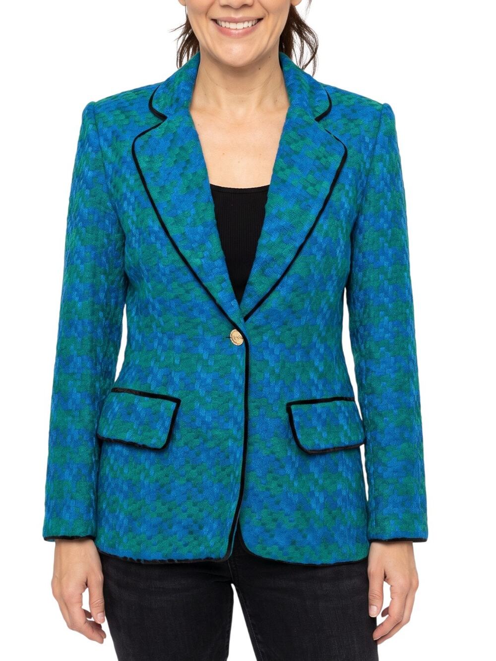 Kunto 100% Silk Woven Blue Green Blazer Jacket With Velvet Trim S